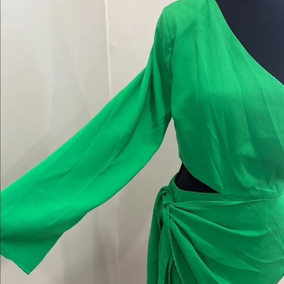 Green Asymmetrical One-Shoulder Bodycon Dress with waist tie and cut outs size L - Picture 4 of 11